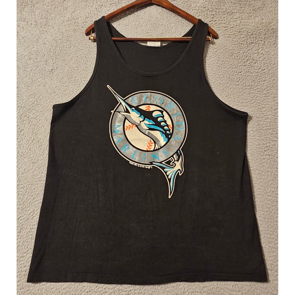 Vintage 1991 Florida Marlins Tank Top Hanes Beefy-T Mens XL Black MLB Trench Mfg